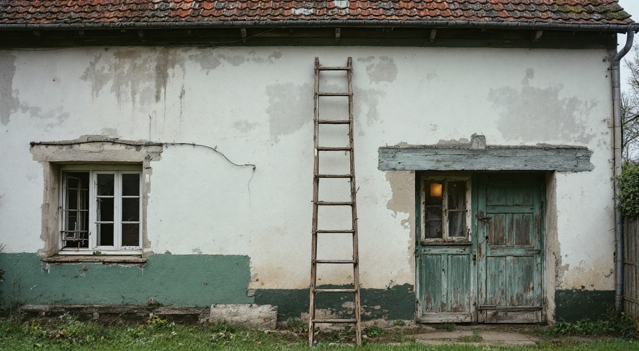 Façade fatiguée d'une maison, peinture ternie et traces vertes sous la corniche, sans chantier en cours.
