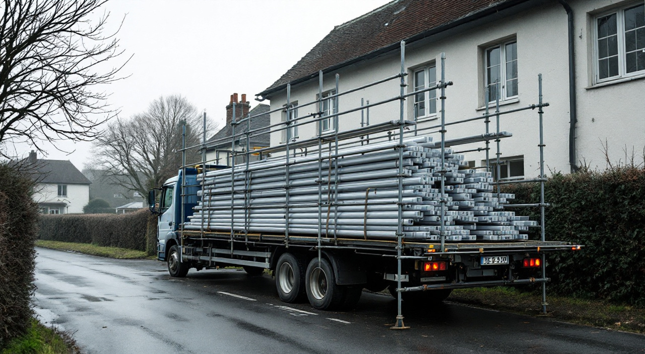 Camion chargé d'éléments d'échafaudage stationné devant un pavillon dont la façade est en cours d'installation d'échafaudage