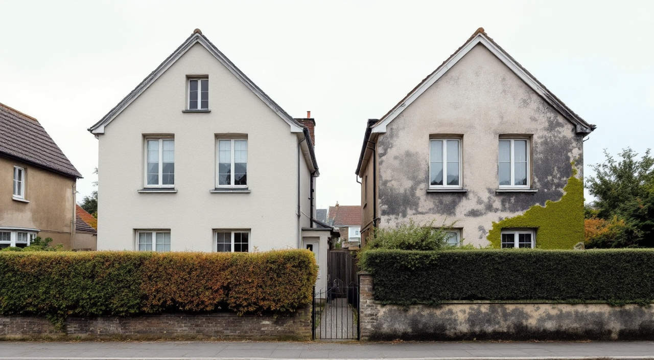 Deux maisons voisines vues de la rue, l'une à la façade récemment refaite, l'autre encrassée.