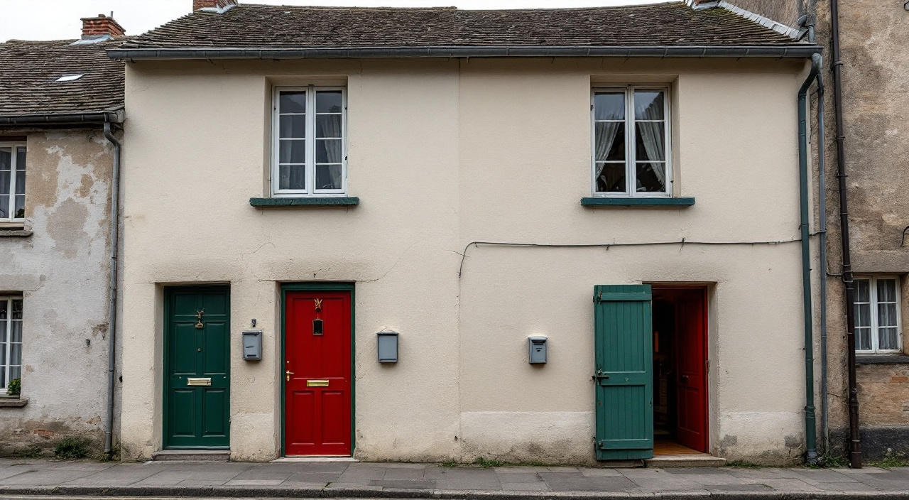 Petite maison de village divisée en deux logements, deux portes d'entrée sous un même enduit continu fissuré.