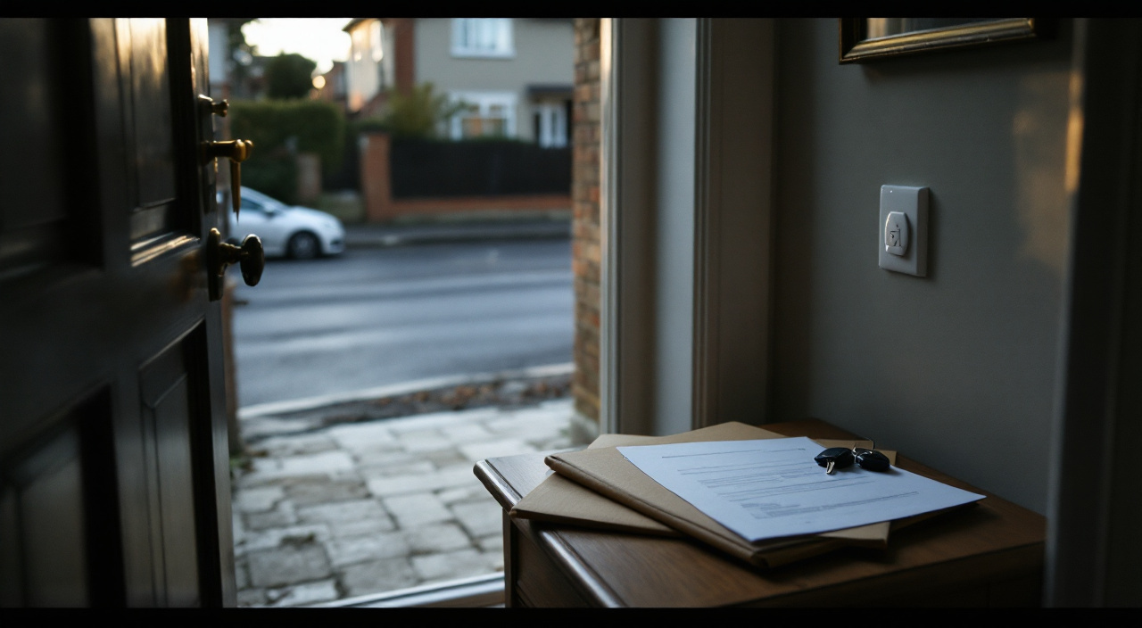 Porte d'entrée entrouverte sur une rue pavillonnaire, avec un dossier et un formulaire posés sur une console dans l'entrée