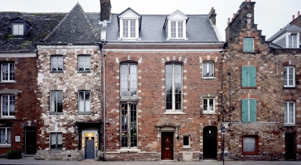 Façade haute et étroite en brique d'une maison ouvrière de l'ancienne cité drapière d'Elbeuf, trois niveaux au-dessus d'une rue étroite.