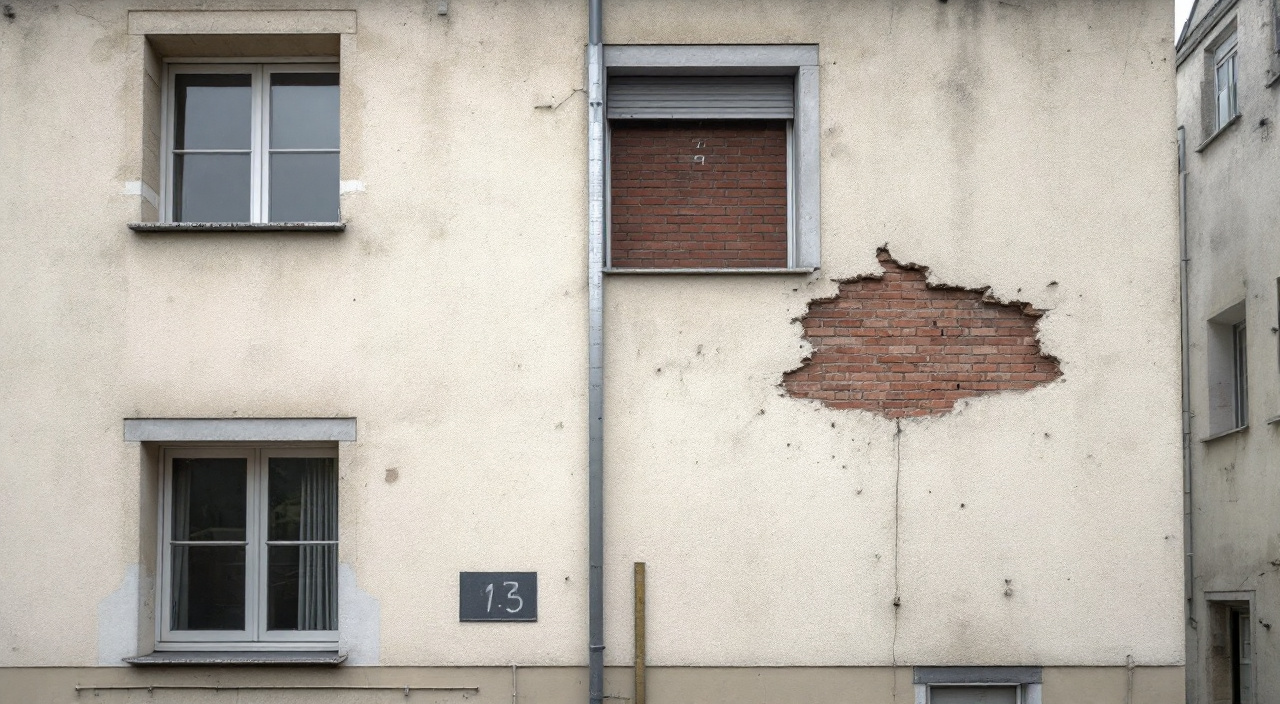 Façade d'immeuble de la Reconstruction avec un sondage ouvert dans l'enduit laissant voir la brique et le béton