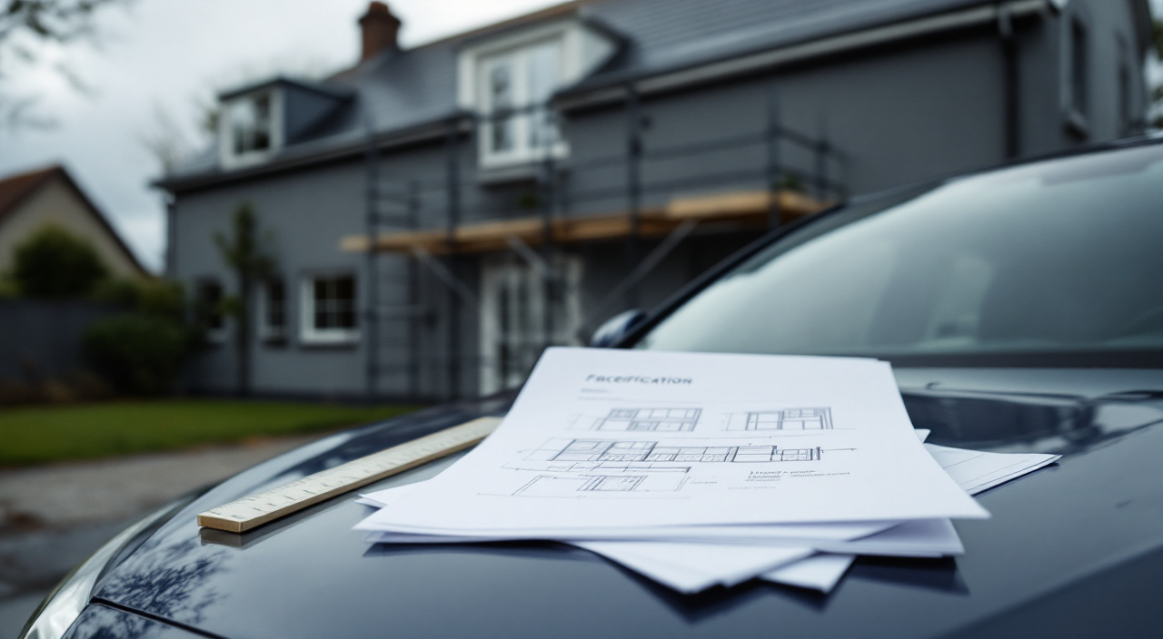 Documents de consultation et plan de façade posés devant une maison en cours de ravalement, échafaudage monté.