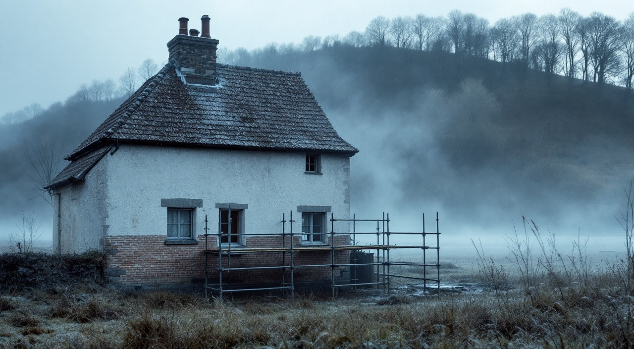 Façade d'une maison de vallée couverte de rosée au petit matin, échafaudage humide devant le mur et brume sur la prairie