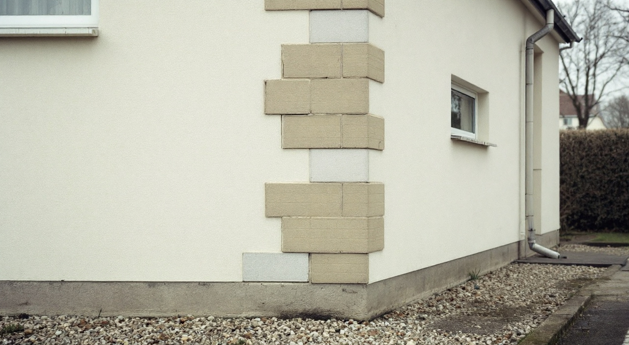 Angle vertical entre le mur enduit d'origine d'un pavillon et celui d'un garage accolé plus récent, avec une fine fissure sur la ligne de raccord