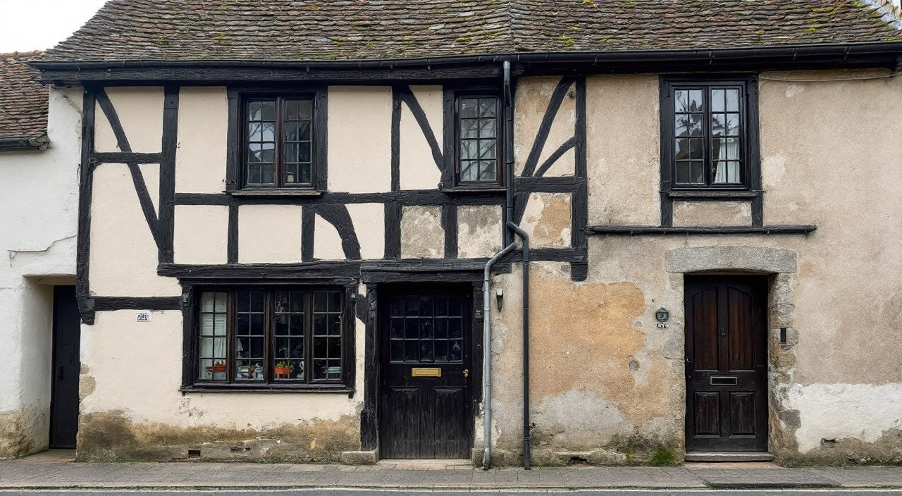 Façade à colombage d'une maison de bourg, moitié fraîchement enduite, moitié à reprendre, avec zinguerie neuve