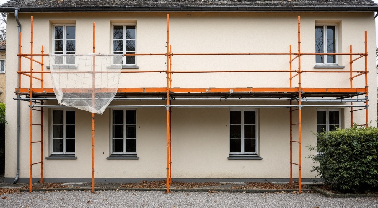 Échafaudage vide encore monté devant une façade de maison déjà enduite