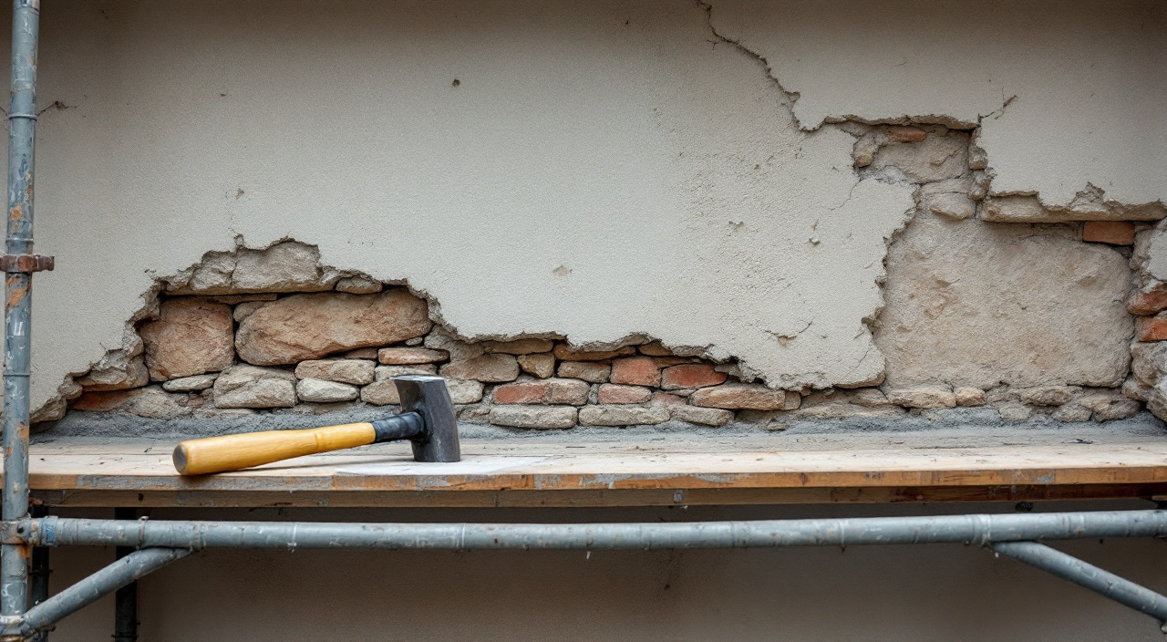 Zone d'enduit piquée sur un mur ancien, laissant apparaître la maçonnerie, avec un tracé à la craie autour.