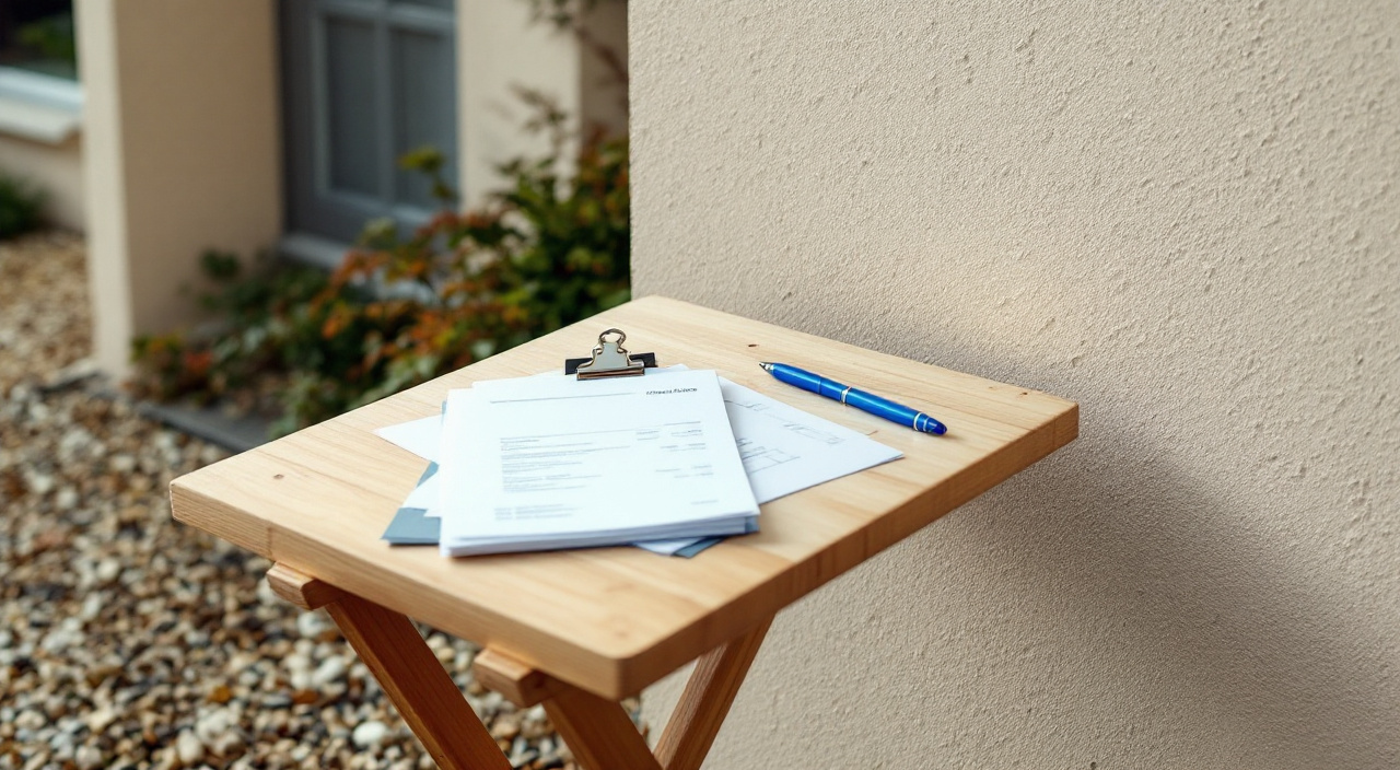 Un devis et des factures de ravalement posés sur une table pliante devant une façade enduite claire.