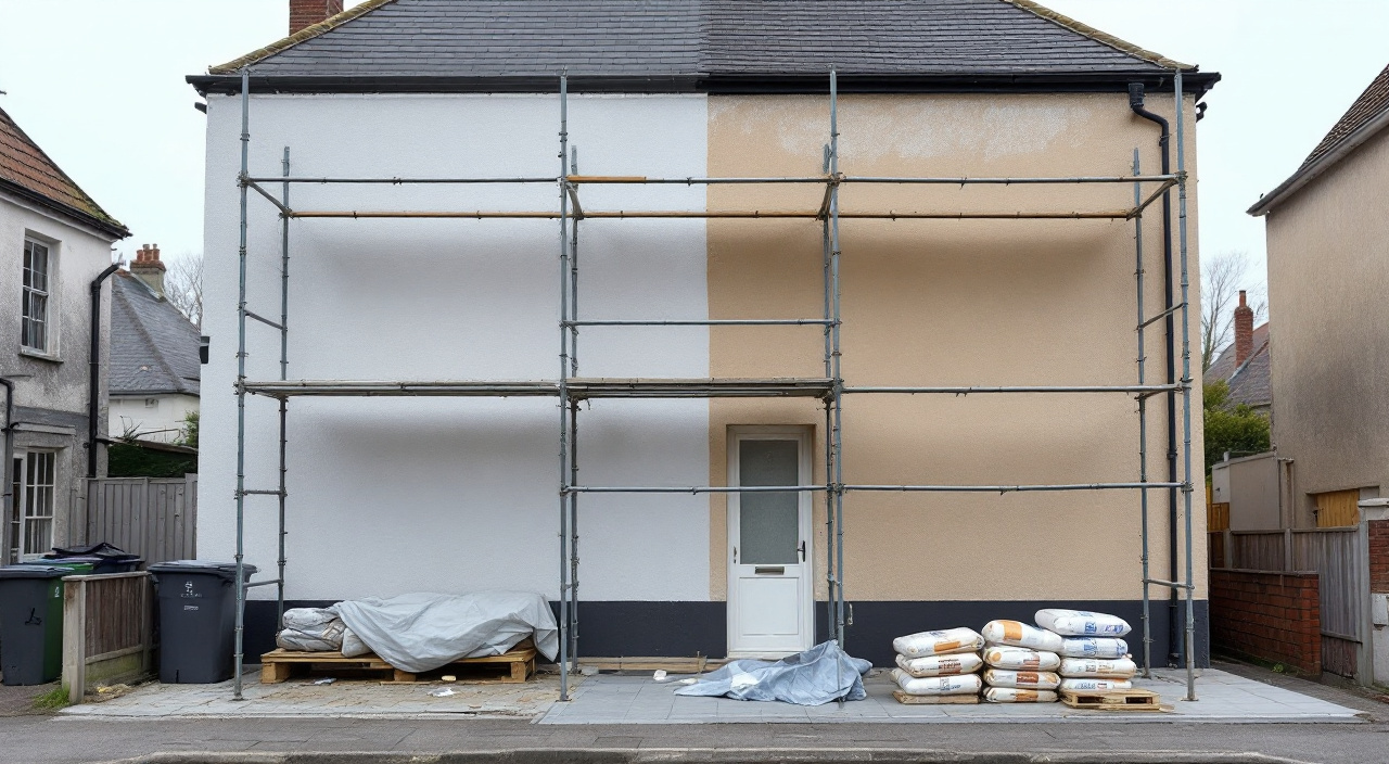 Façade de maison en cours de ravalement sous échafaudage, une partie enduite, l'autre encore à nu