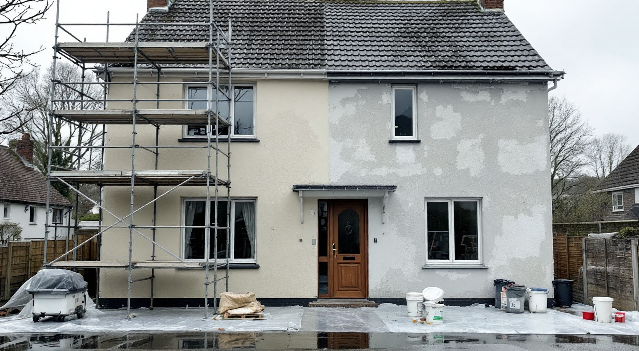 Façade de maison à demi ravalée sous échafaudage, chantier à l'arrêt un matin gris