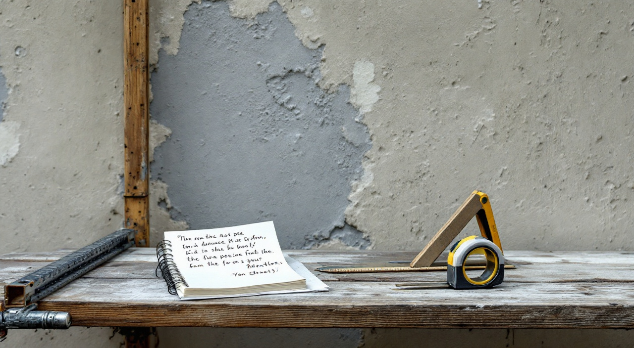 Un devis plié et un carnet de notes posés sur une planche d'échafaudage devant une façade au crépi farinant