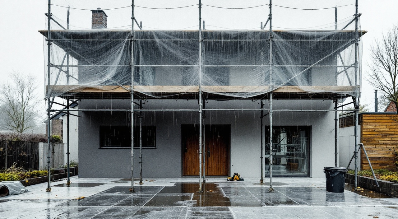 Façade en cours de ravalement sous la pluie, échafaudage bâché et enduit inachevé
