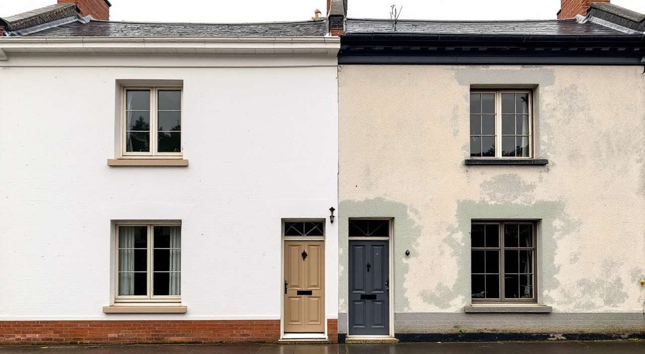 Deux façades mitoyennes du même type, l'une refaite récemment, l'autre au revêtement vieilli.