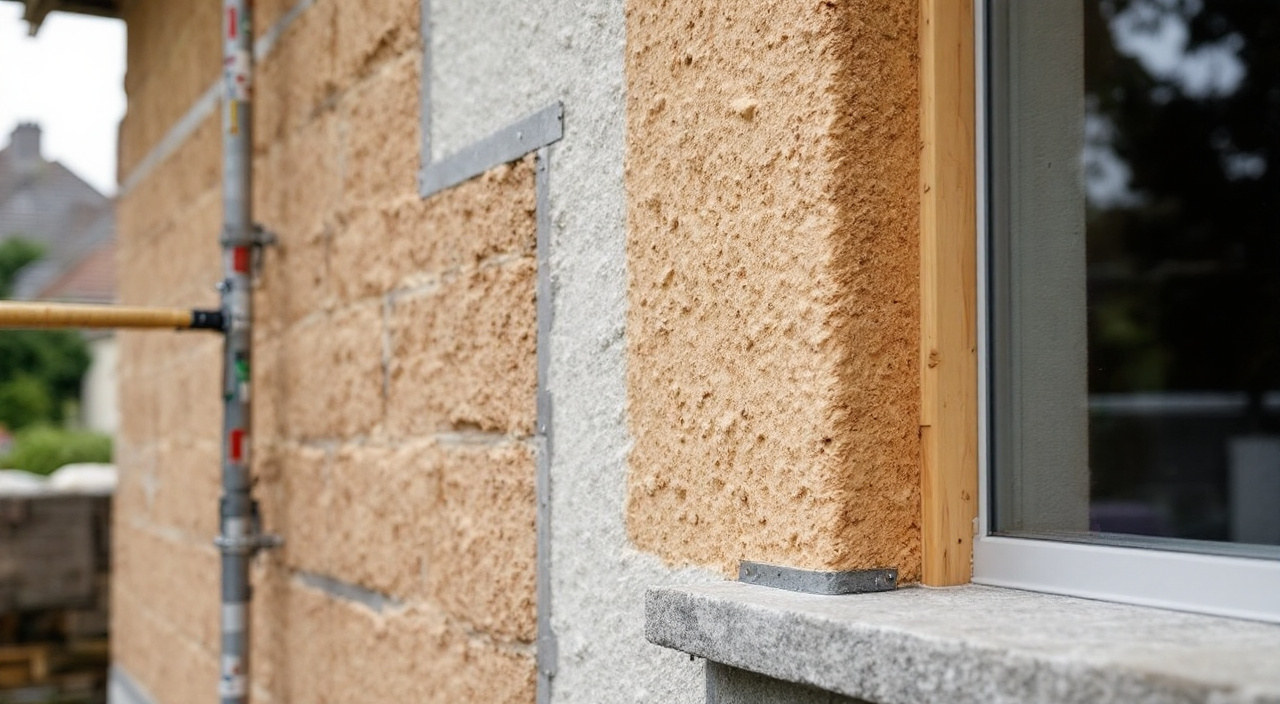 Façade de pavillon en cours de chantier, mur enduit nu à gauche et panneaux isolants fixés à droite, appui de fenêtre au ras de la nouvelle épaisseur