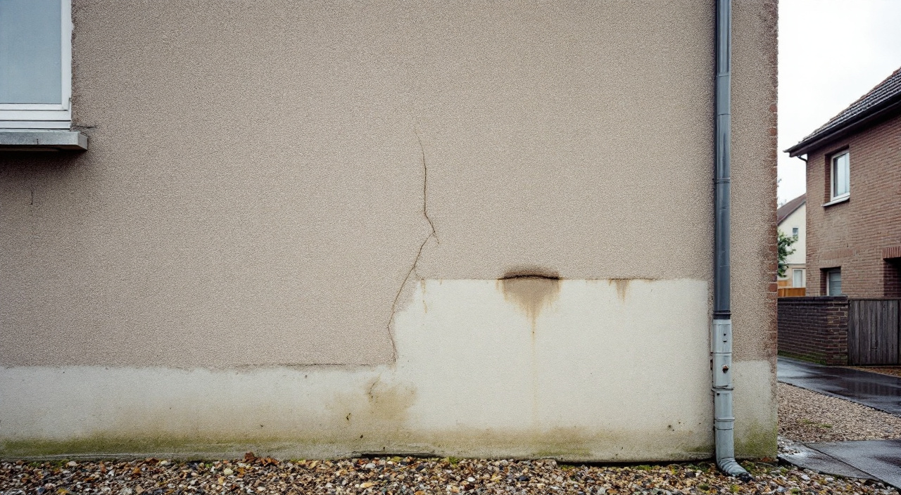 Pignon d'un pavillon en enduit, avec une fissure fine partant d'un angle de fenêtre et une reprise d'enduit de teinte légèrement différente