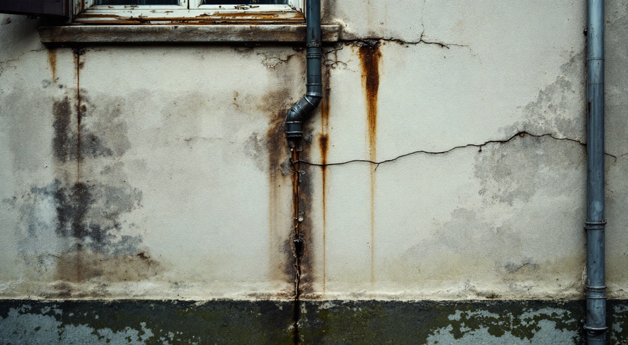 Façade enduite vieillissante montrant fissure, coulures sous appui et bande verte en bas de mur