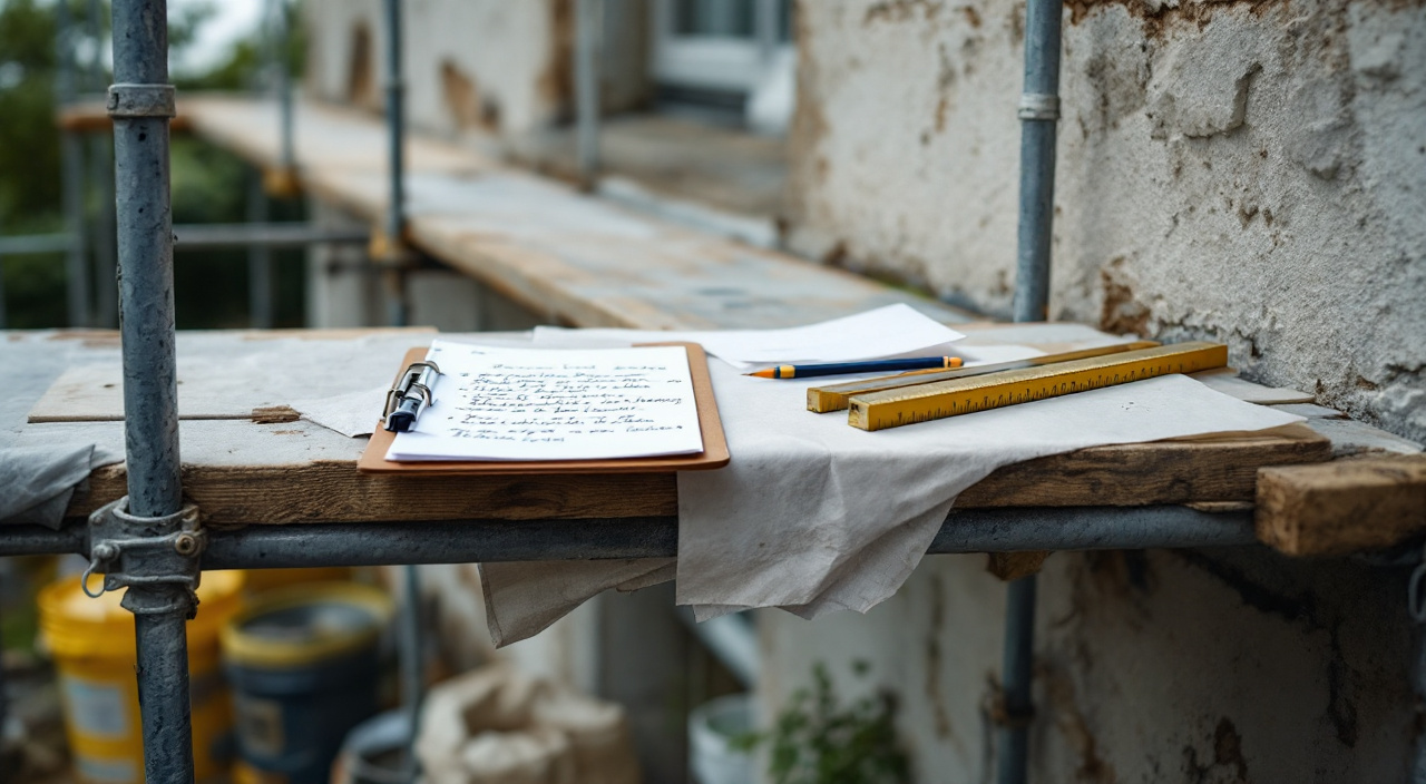 Bloc-notes et documents posés sur une planche d'échafaudage devant une façade en cours de ravalement.