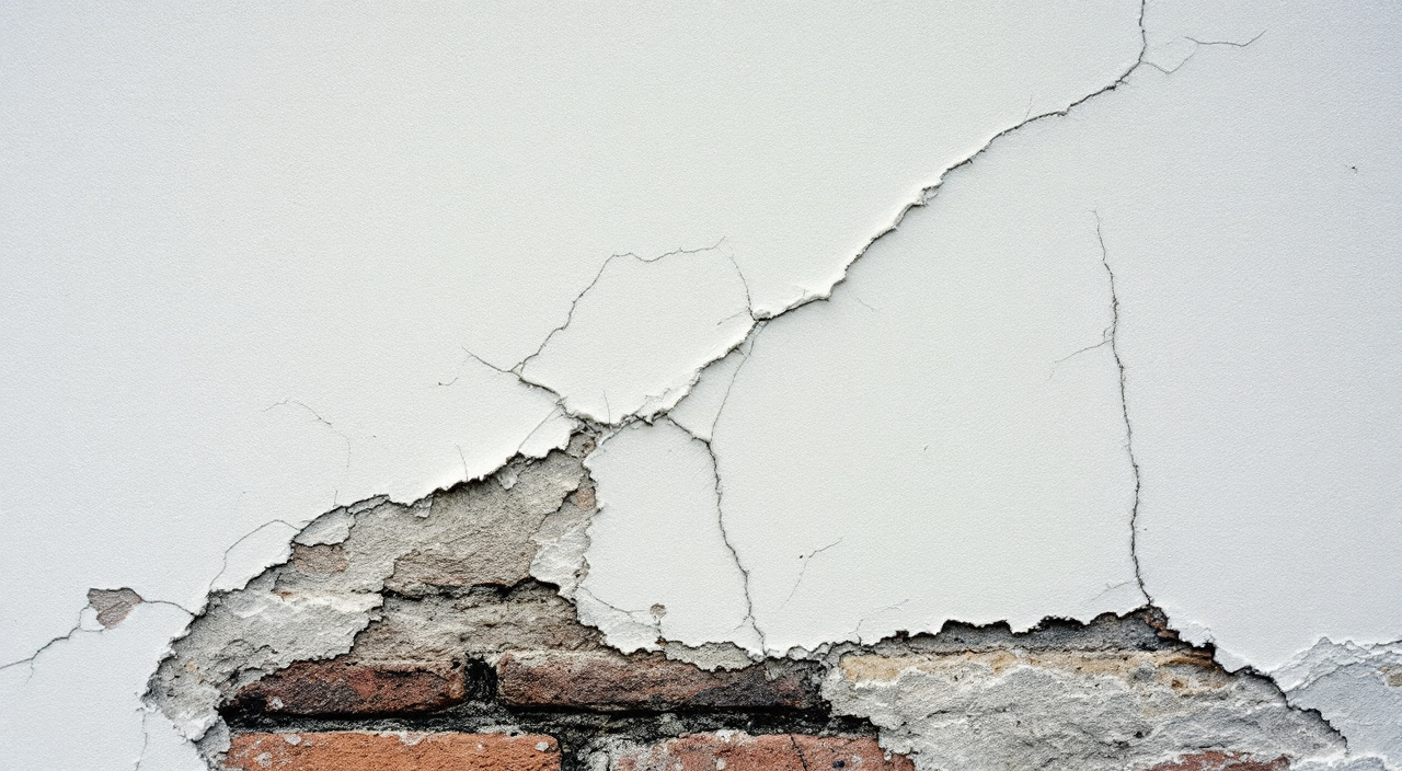 Cloque d'enduit se décollant d'un mur de maison, avec des traces d'humidité en pied de maçonnerie.