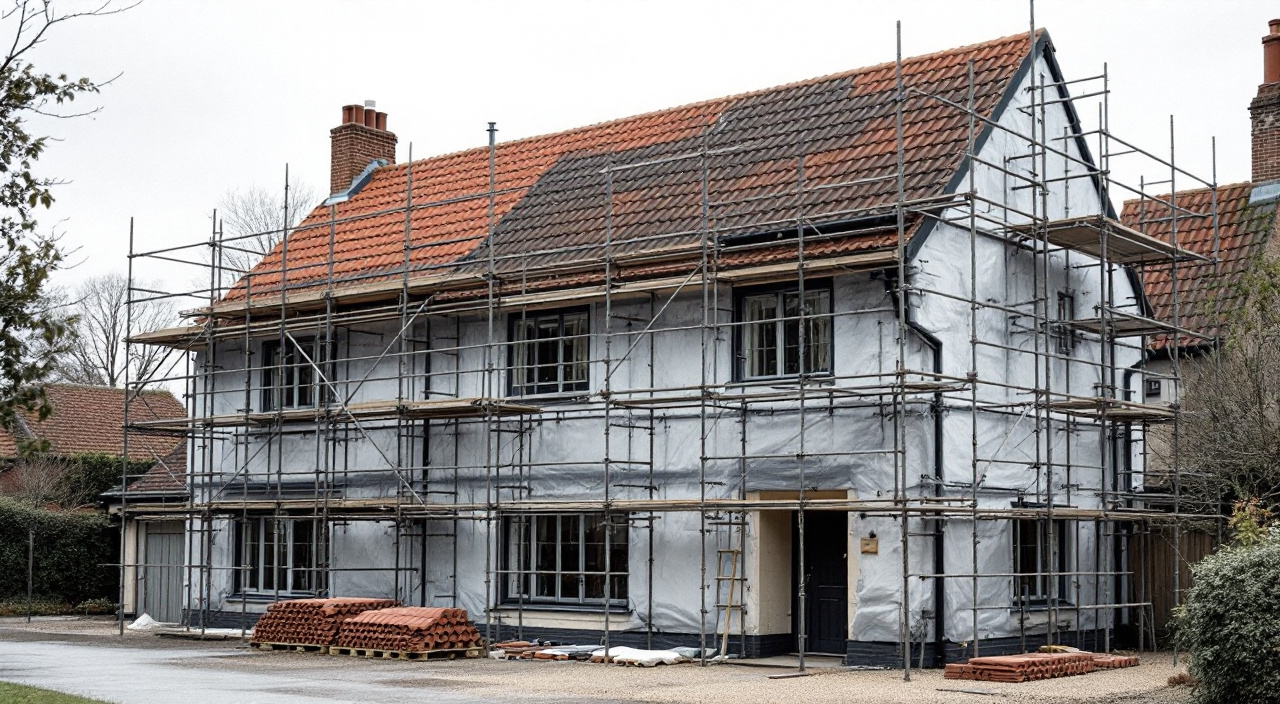 Maison entourée d'un échafaudage montant jusqu'au-dessus de l'égout de toiture, avec des tuiles stockées sur un plancher.