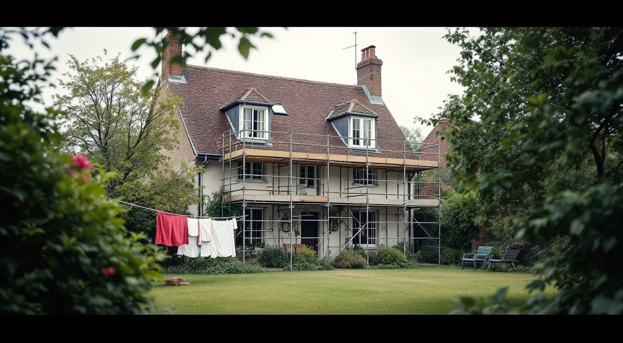 Maison sous échafaudage vue depuis le jardin