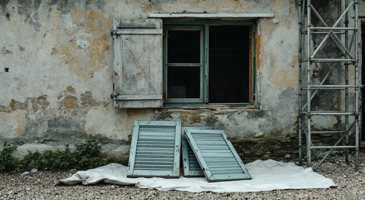 Volets battants déposés et posés à plat au pied d'une façade, gonds nus visibles dans le tableau de la fenêtre